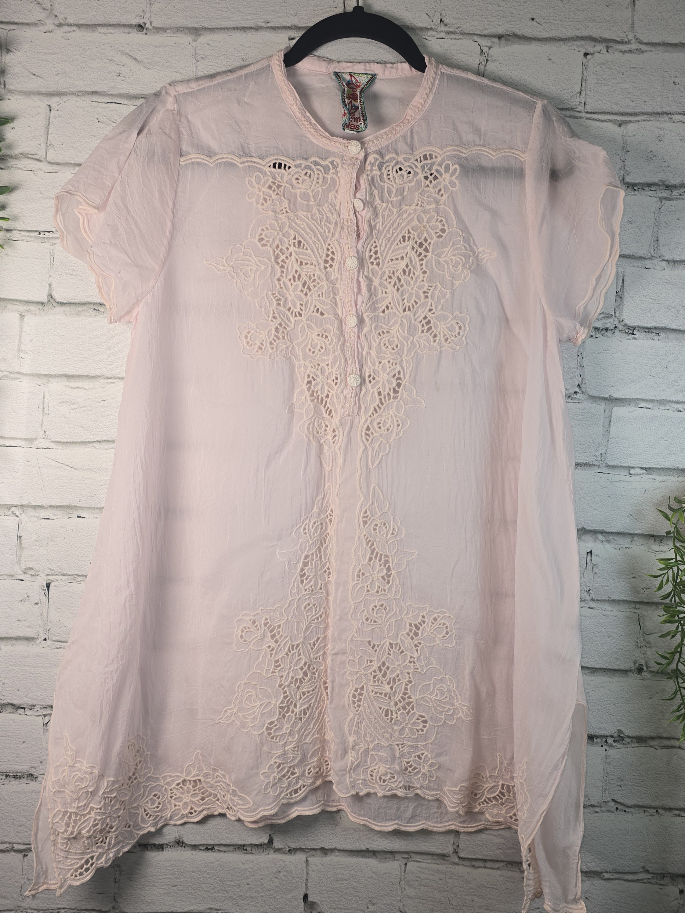 Johnny Was Pink Sheer Short Sleeve Blouse Boho Embroidered Tunic Womens Med